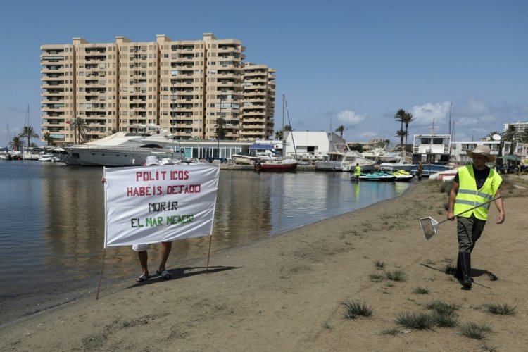 شبكة بشرية في اسبانيا حزناً على تفوق ملايين الأسماك بسبب تلوث بمادة النترات